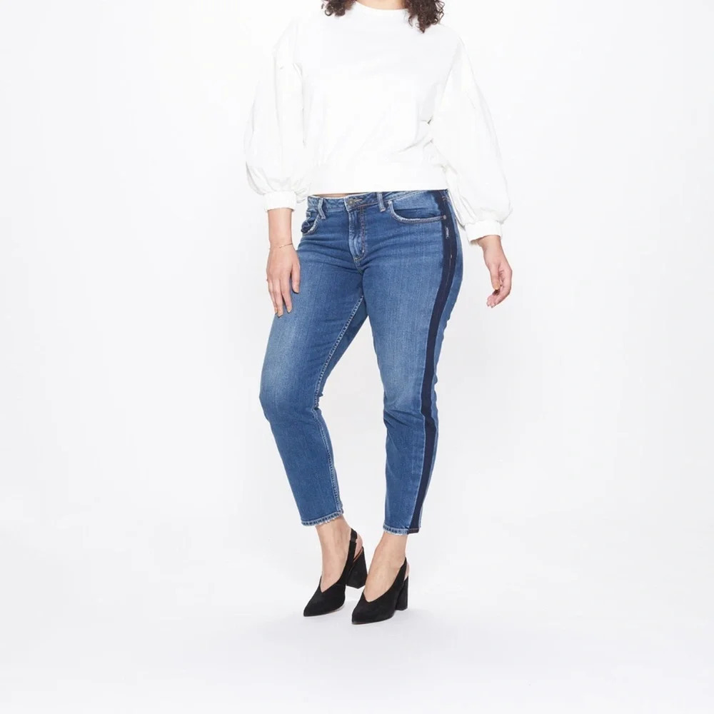 NWT Silver Jeans Vintage Slim Mid Rise Dark Wash Tuxedo Stripe Jeans